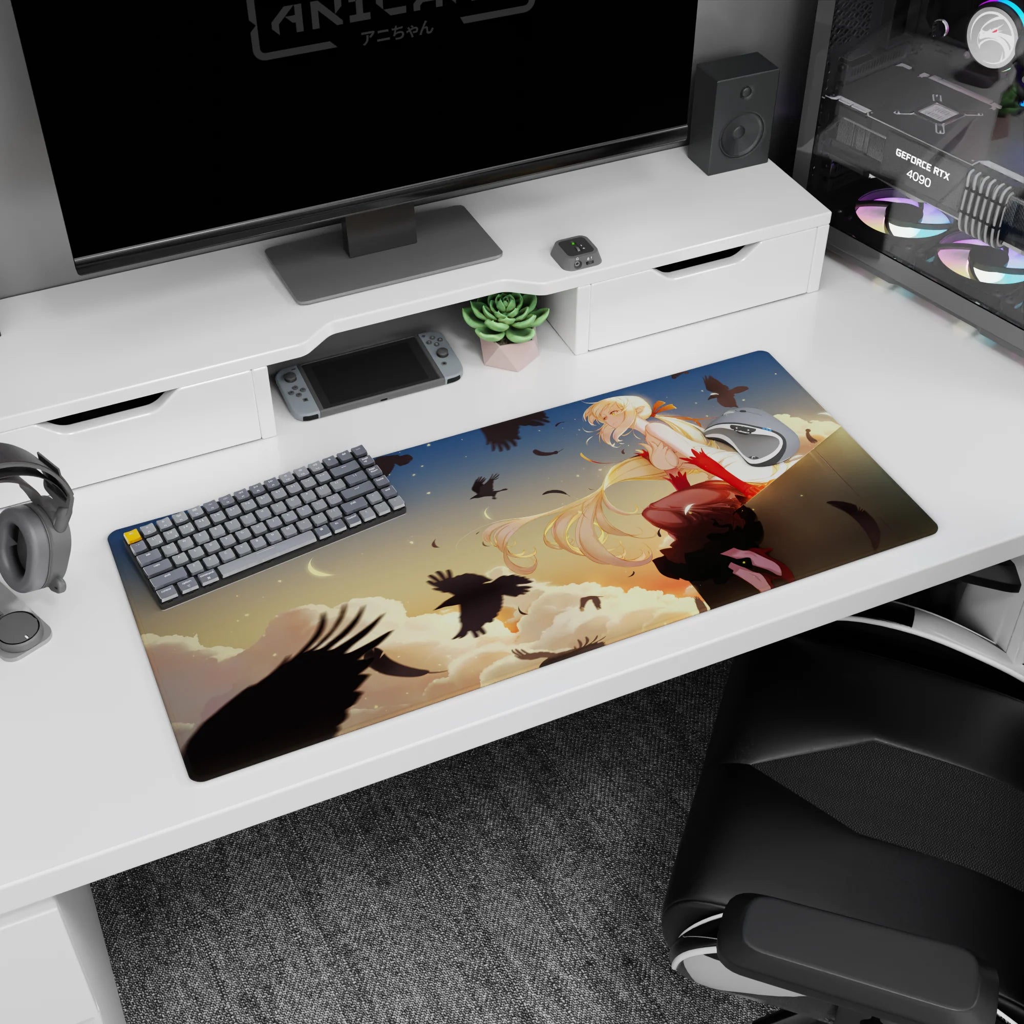 Blonde anime heroine on a ledge with hair ribbons and red gloves, crow-filled sky desk pad 36x16 inches.
