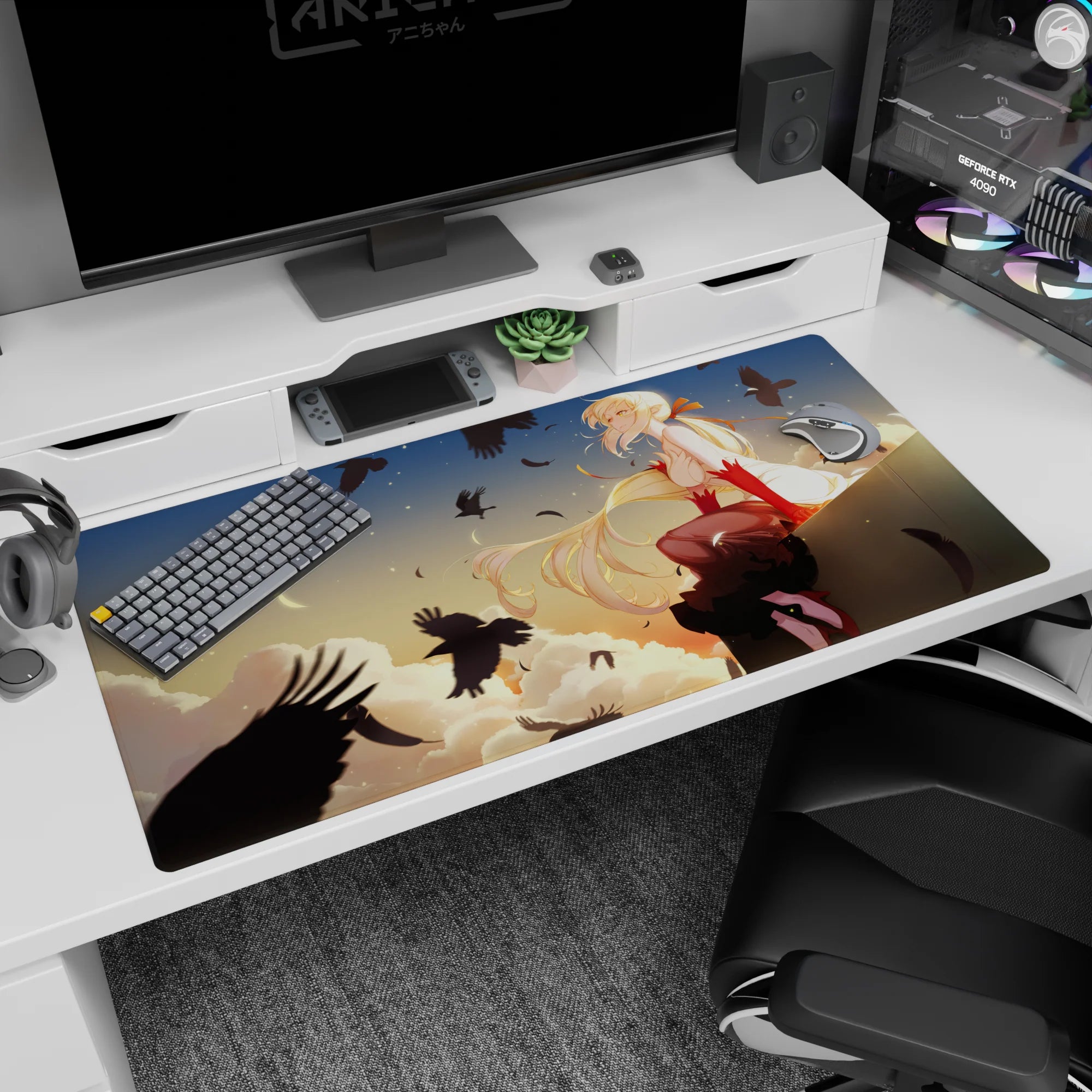 40x20 inches anime desk pad with blonde girl on a ledge, hair ribbons and crimson gloves under crows.