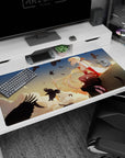 40x20 inches anime desk pad with blonde girl on a ledge, hair ribbons and crimson gloves under crows.