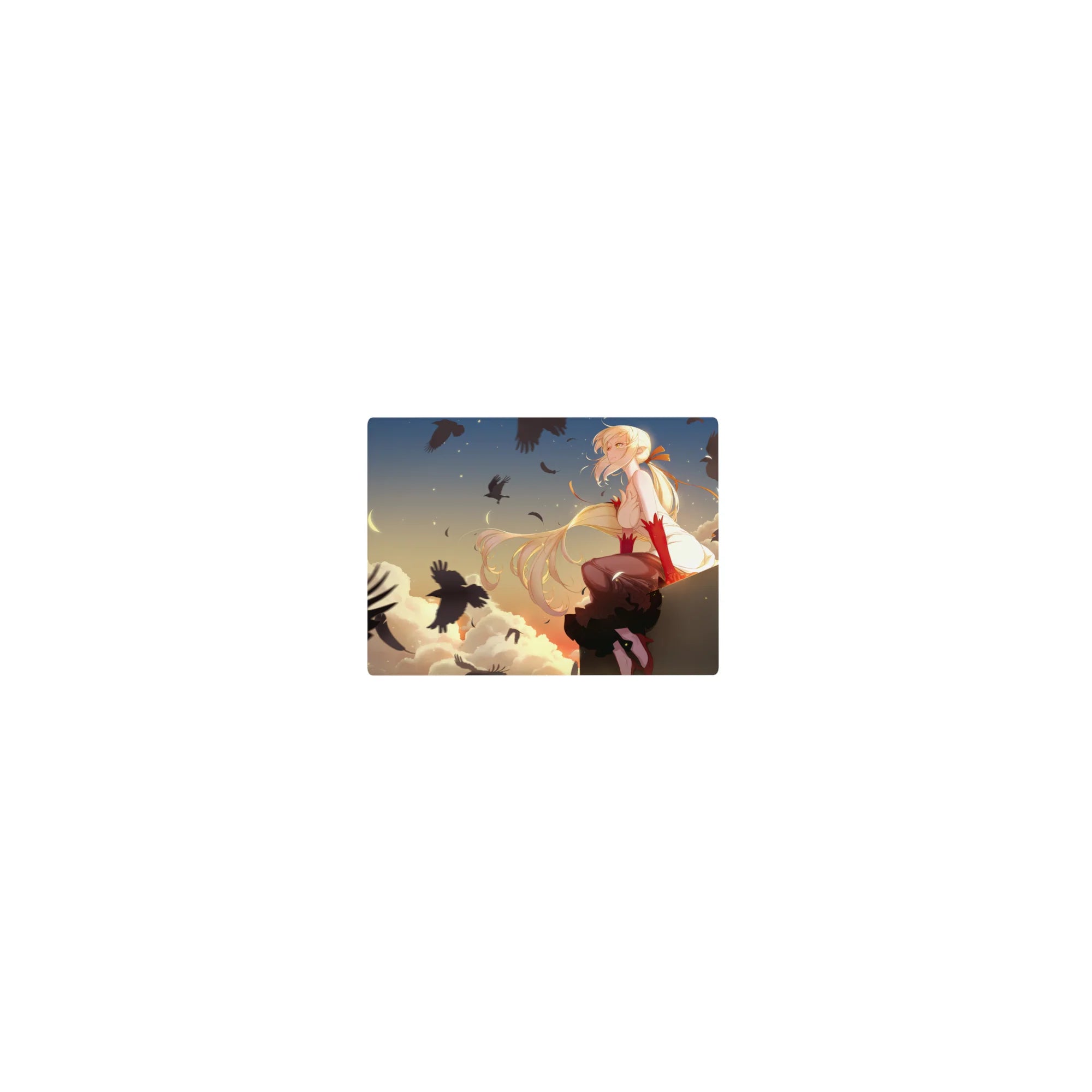 Classic anime girl mouse pad 14x10 inches with sunset sky, clouds, pale moon, and circling crows.