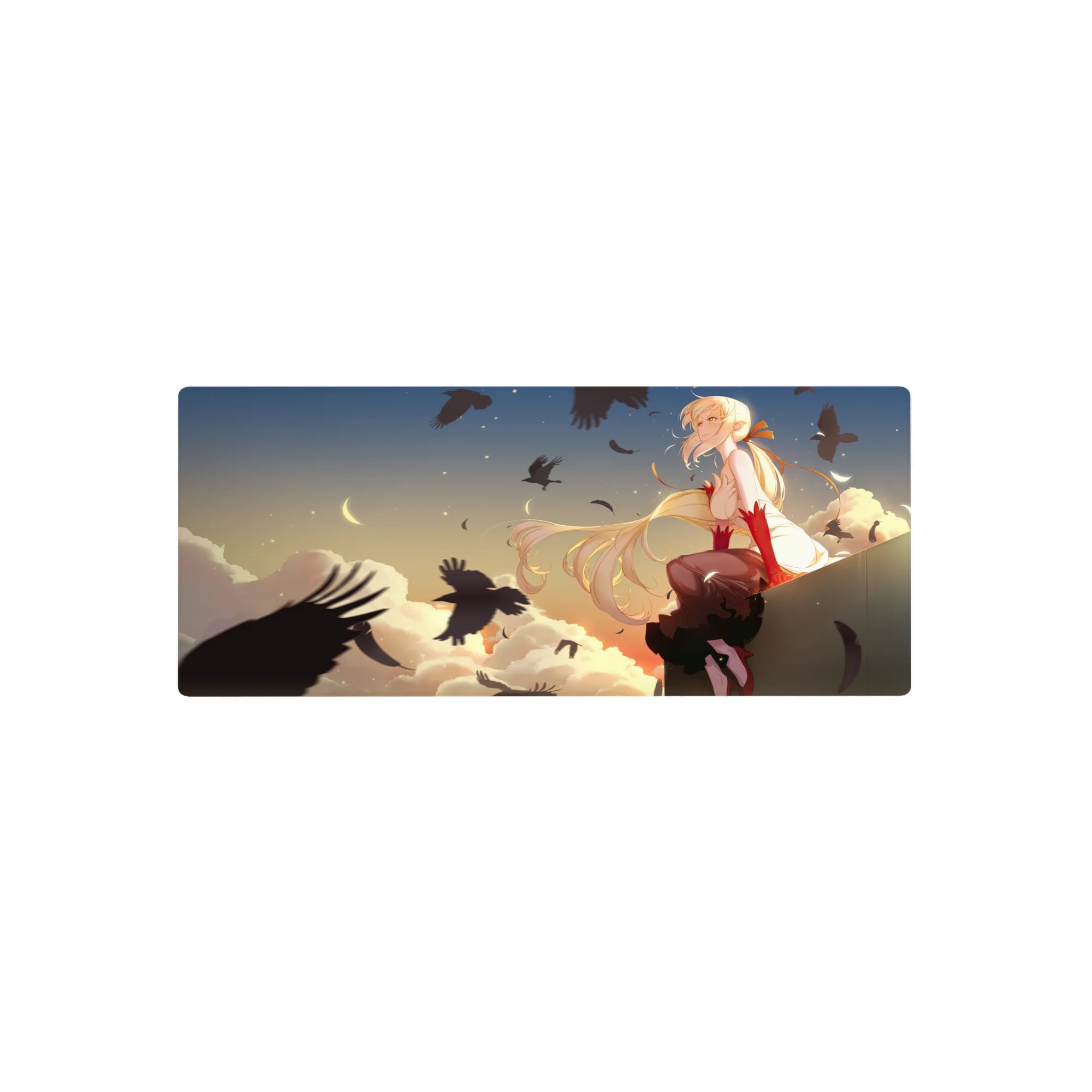 Anime girl mouse pad 28x12 inches with sunset sky, soft clouds, pale moon, and circling black crows.