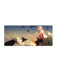 Anime girl mouse pad 28x12 inches with sunset sky, soft clouds, pale moon, and circling black crows.