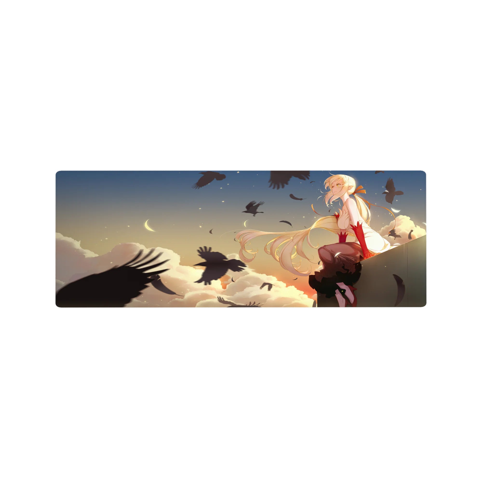 32x12 inches anime girl mouse pad with sunset sky, clouds, pale moon, and swirling black crows.