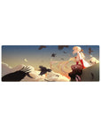 32x12 inches anime girl mouse pad with sunset sky, clouds, pale moon, and swirling black crows.