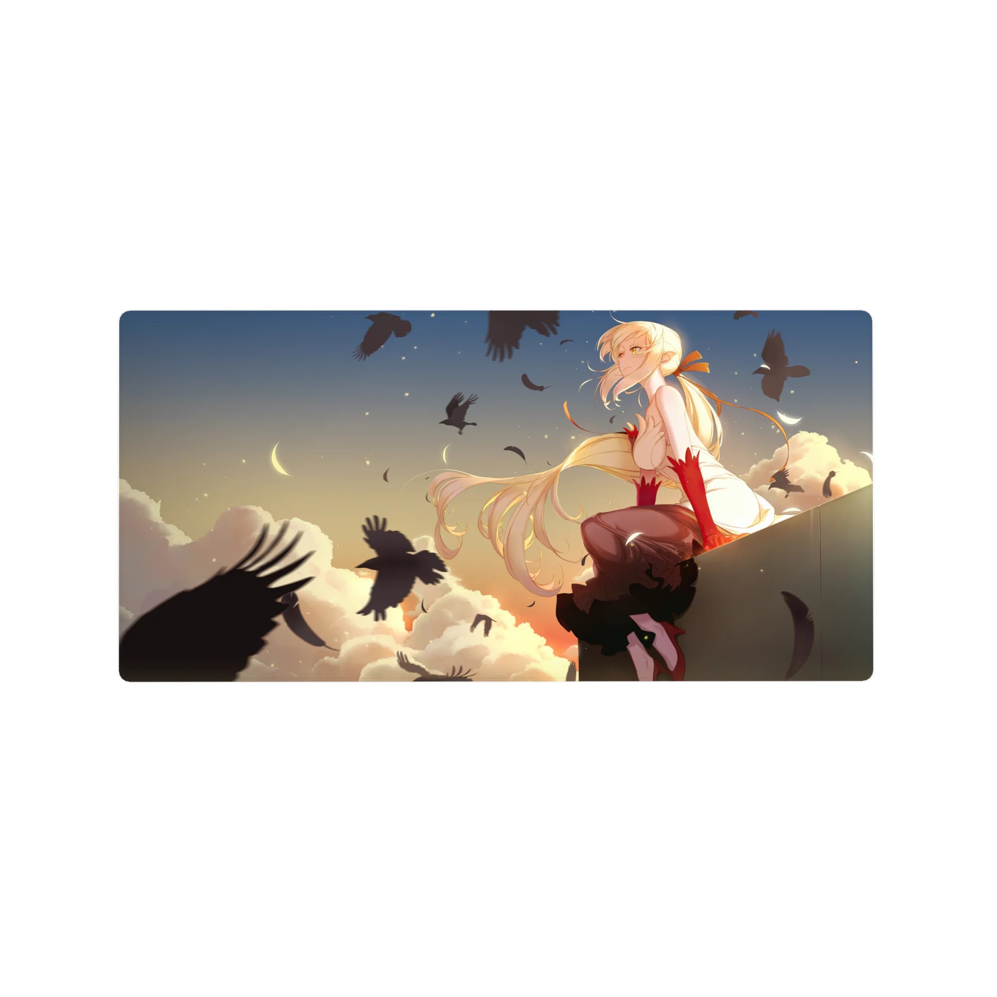 32x16 inches anime girl mouse pad with sunset sky, clouds, moon, and swirling black crows.