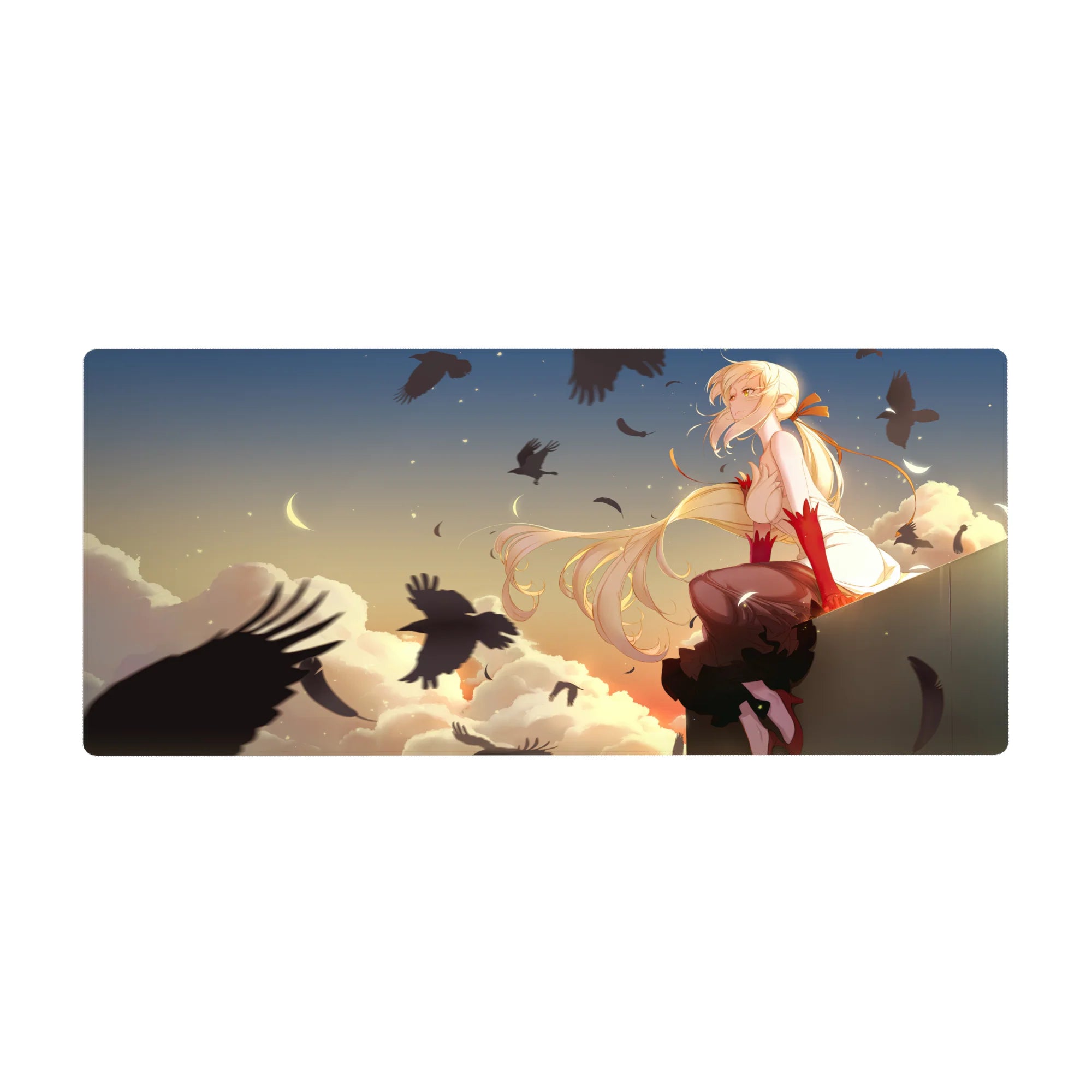 Anime girl desk pad 36x16 inches with sunset sky, clouds, pale moon, and swirling black crows.
