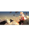 Anime girl desk pad 36x16 inches with sunset sky, clouds, pale moon, and swirling black crows.