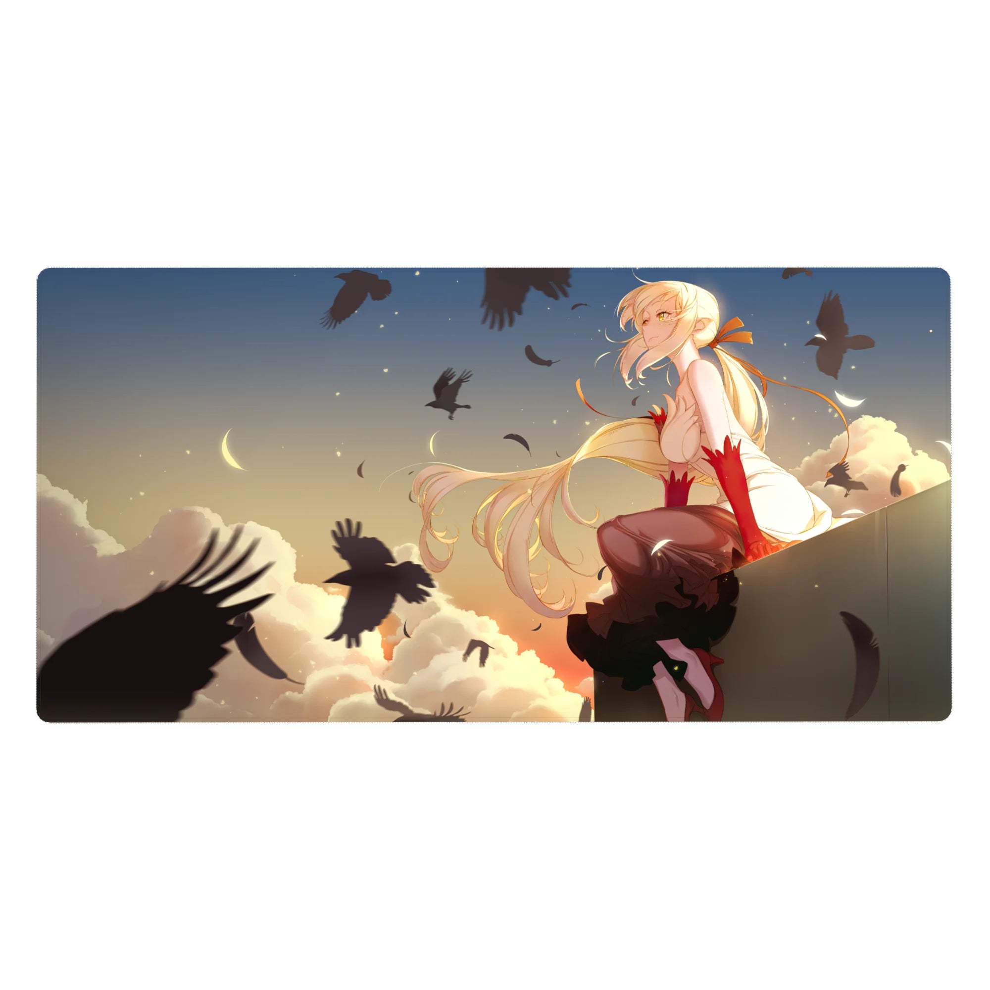 Anime girl desk pad 40x20 inches with sunset sky, moon, clouds, and swirling black crows.