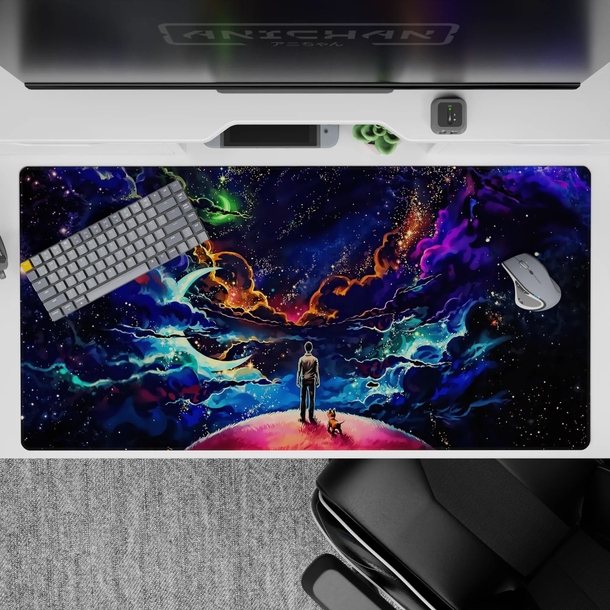 Indigo desk pad 40x20 inches with neon teal and violet gradients, warm orange glow, calm magical vibe.