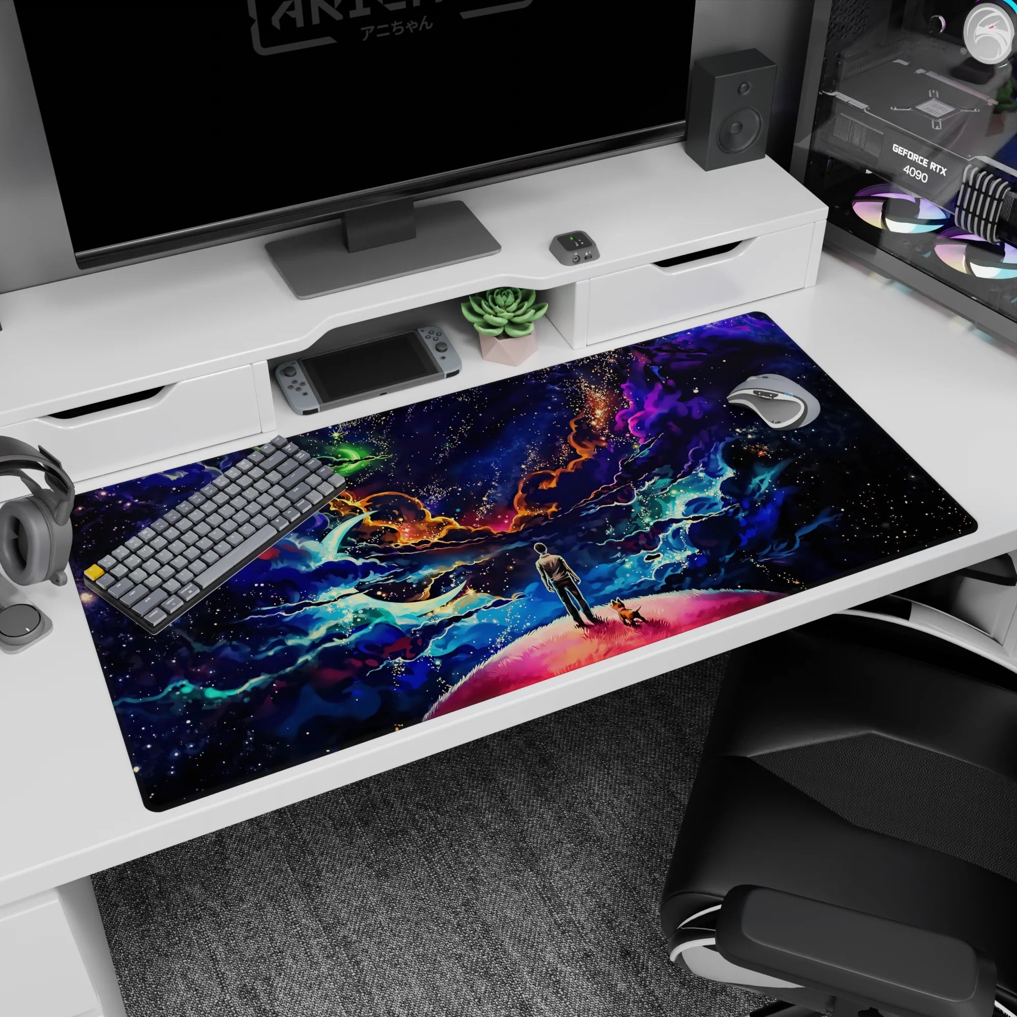 Crescent moon desk pad 40x20 inches in a star-speckled indigo sky with teal-violet clouds and orange light.