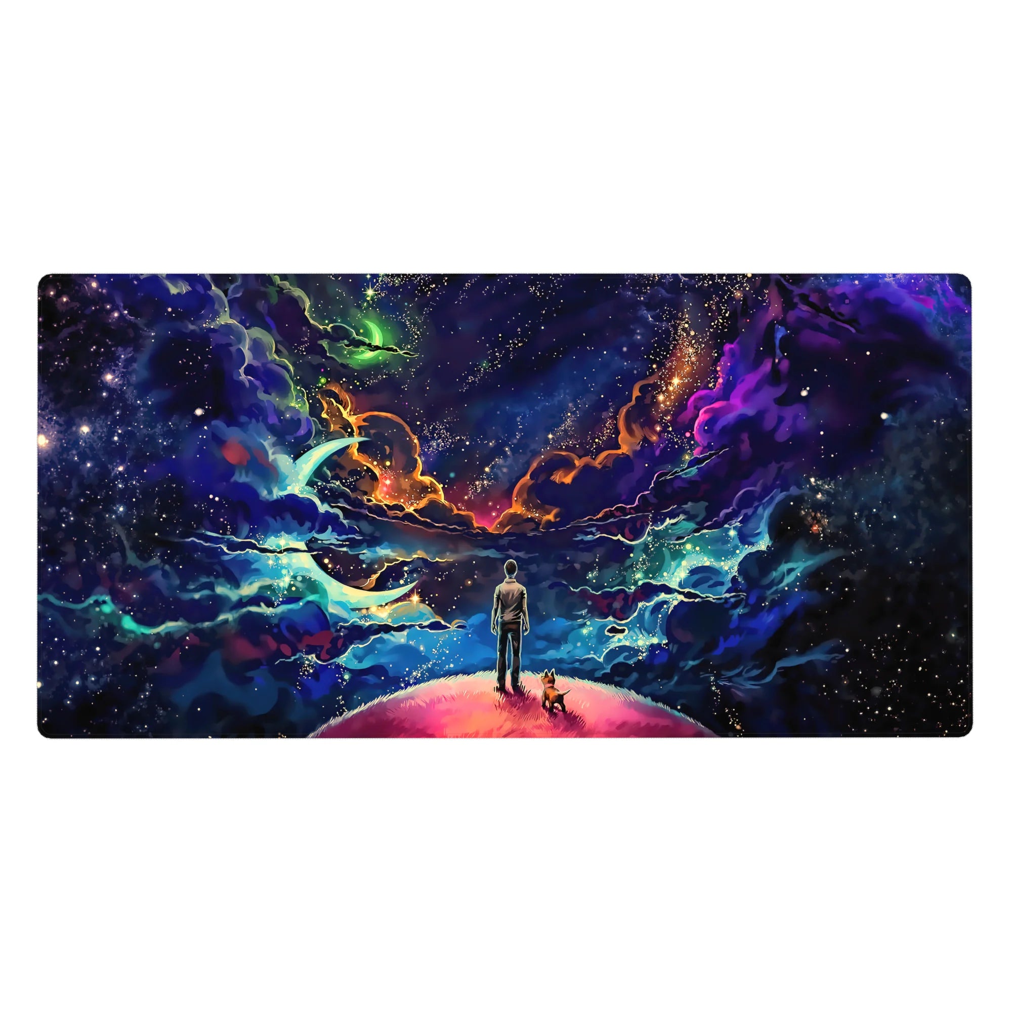 Galaxy-night swirl desk pad 40x20 inches with cosmic waves, star specks, and a soft crescent moon.