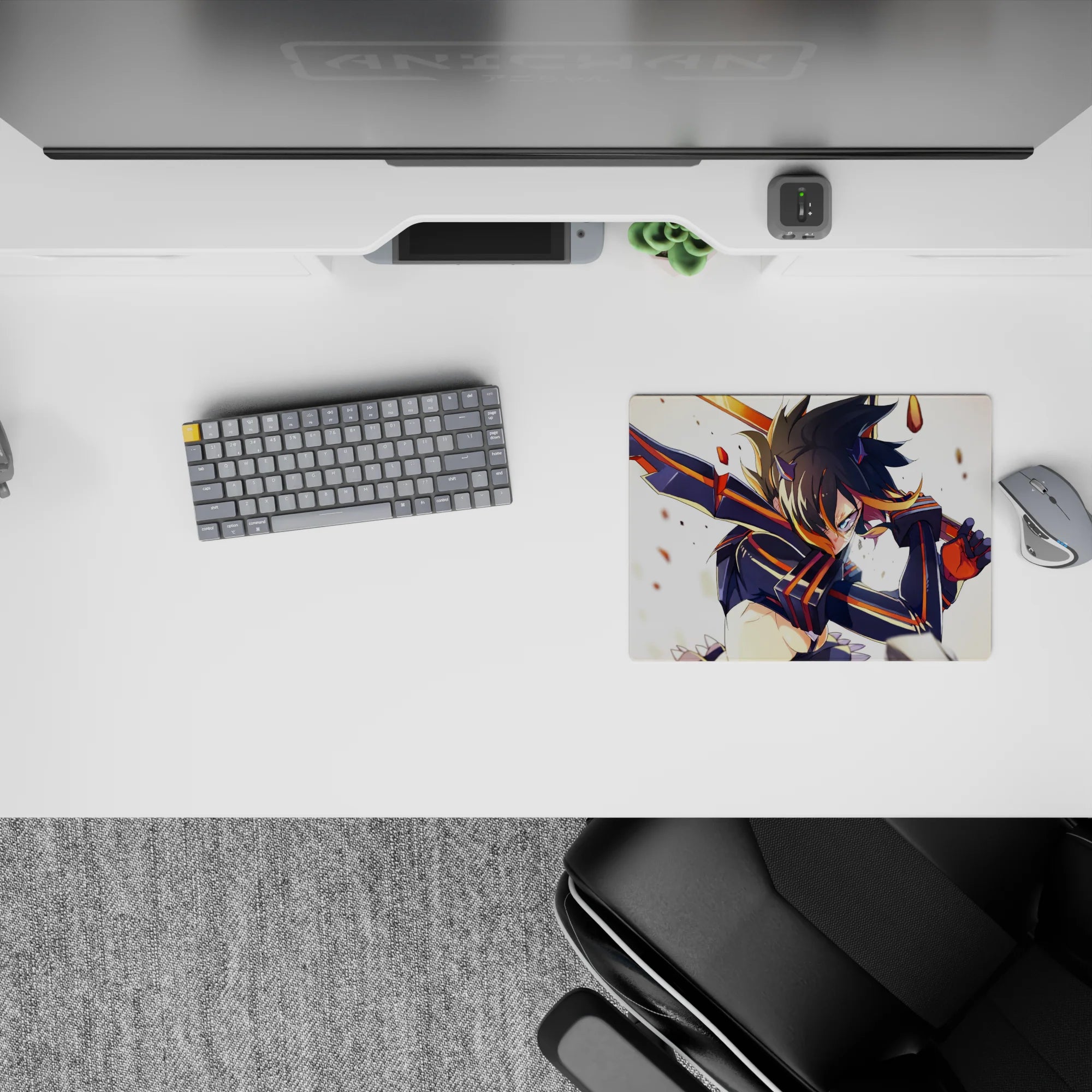 14x10 inches anime girl mouse pad in black and orange with glowing eyes, sparks, and fast battle mood.