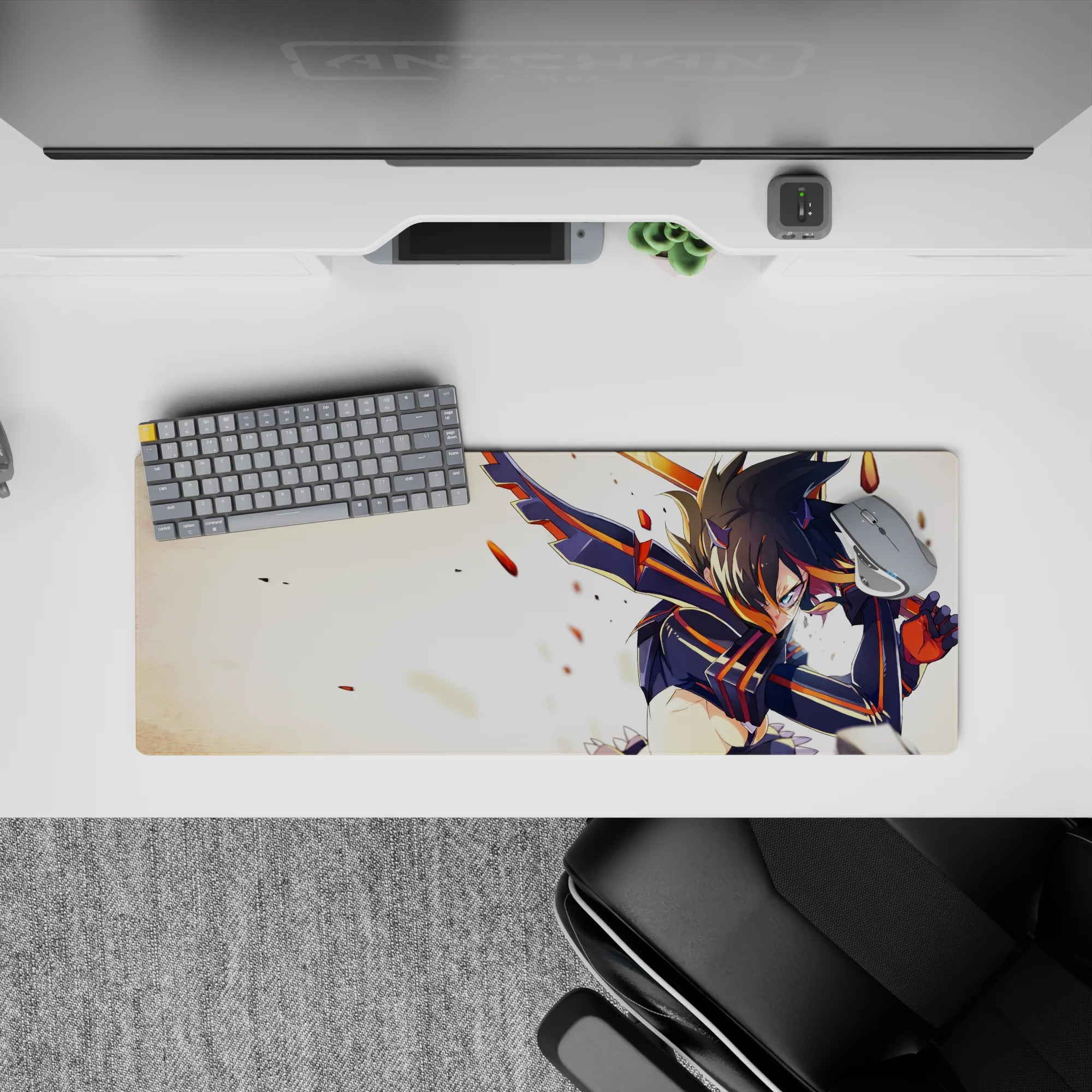 Anime girl mouse pad 32x12 inches in black and orange with glowing eyes, sparks and cinematic chaos.