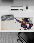 Anime girl mouse pad 32x12 inches in black and orange with glowing eyes, sparks and cinematic chaos.