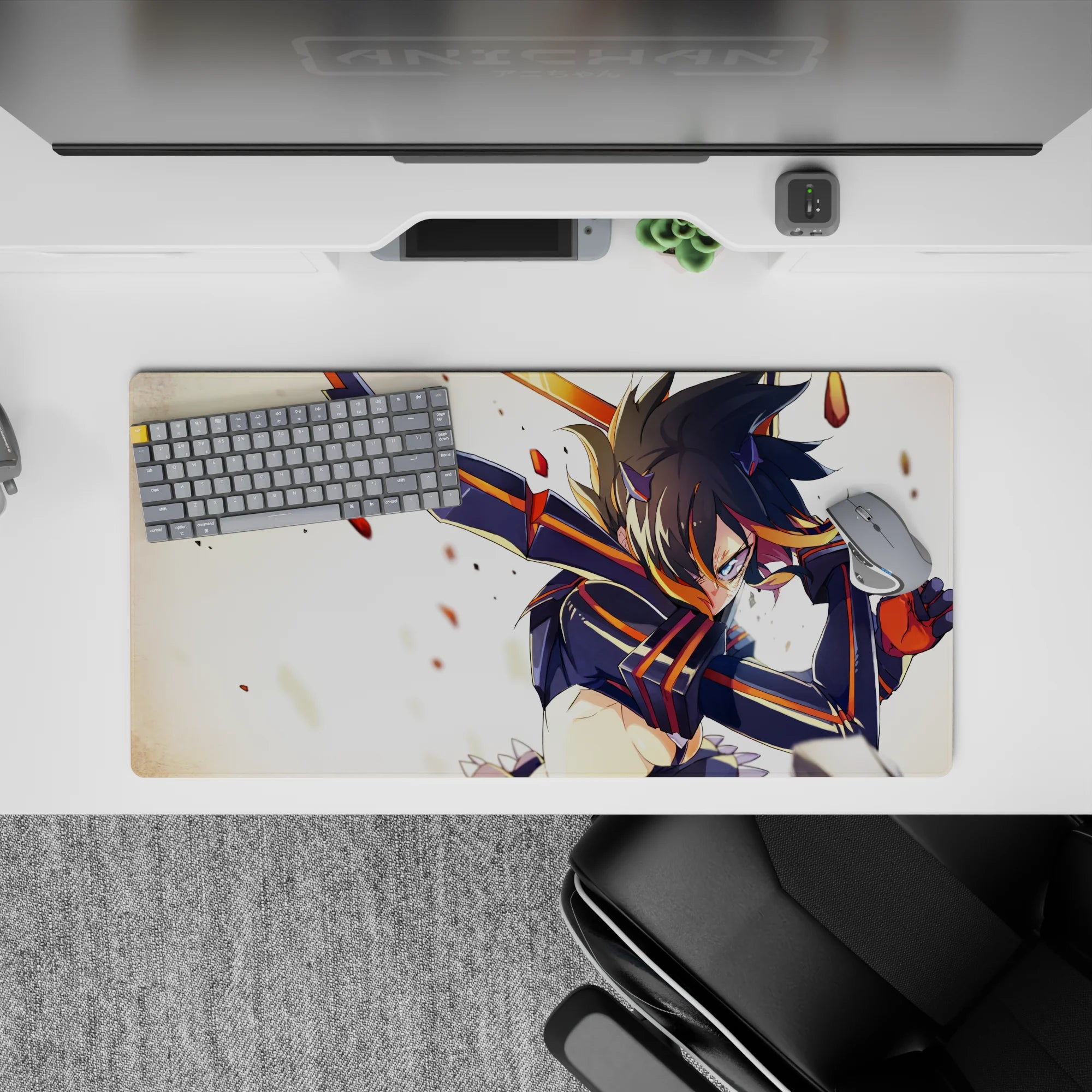 32x16 inches anime girl mouse pad in black and orange, glowing eyes with sparks and debris on a pale backdrop.