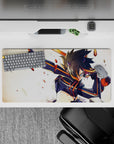32x16 inches anime girl mouse pad in black and orange, glowing eyes with sparks and debris on a pale backdrop.