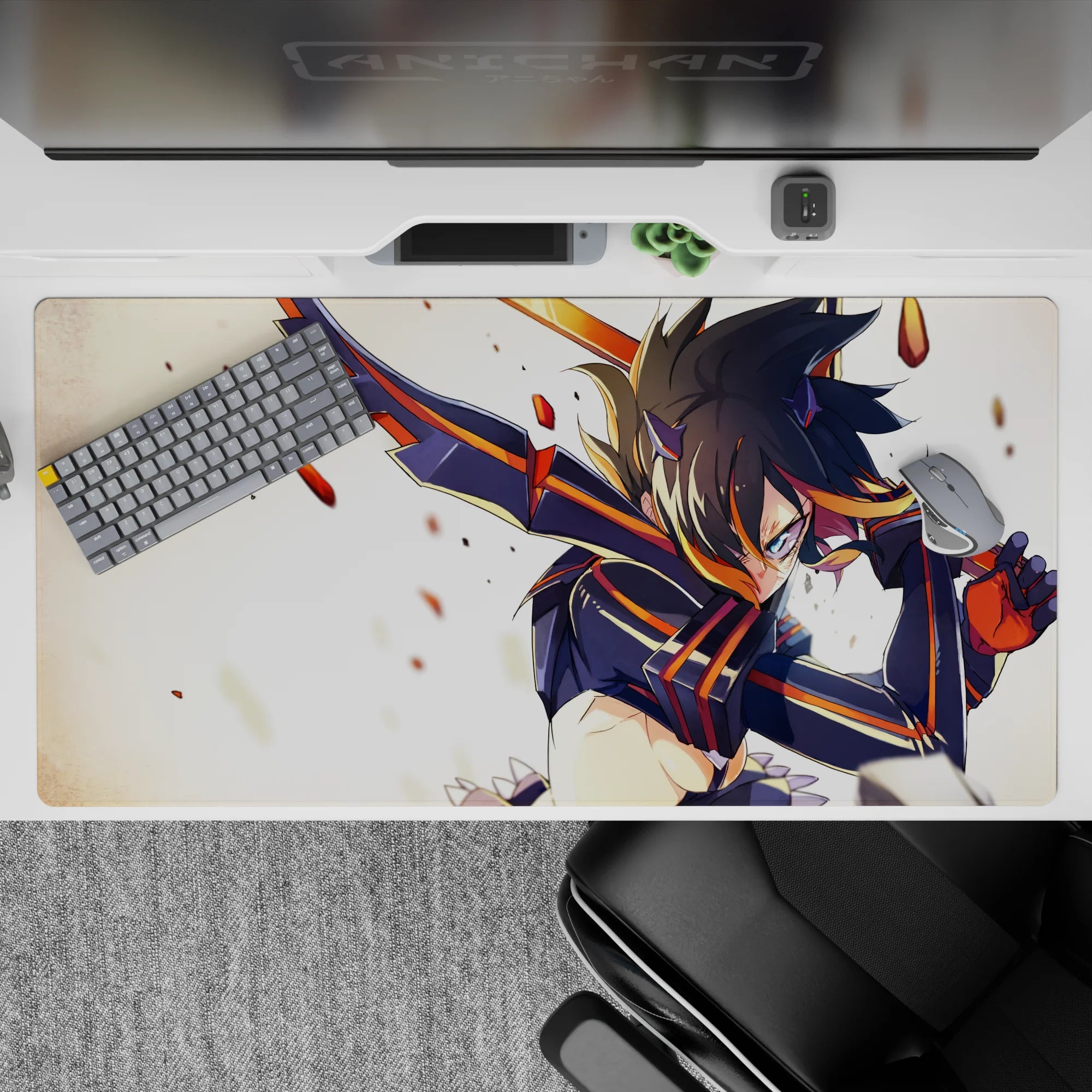 Anime girl desk pad 40x20 inches in black and orange, glowing eyes with sparks and cinematic chaos.