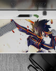 Anime girl desk pad 40x20 inches in black and orange, glowing eyes with sparks and cinematic chaos.