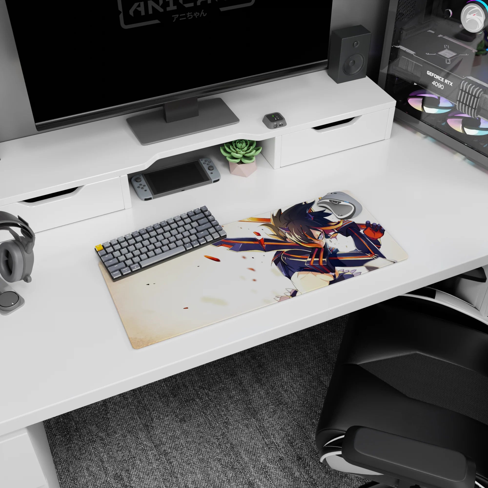 Anime girl mouse pad 28x12 inches showing a focused fighter with spiked hair, shoulder fins, and flying debris.