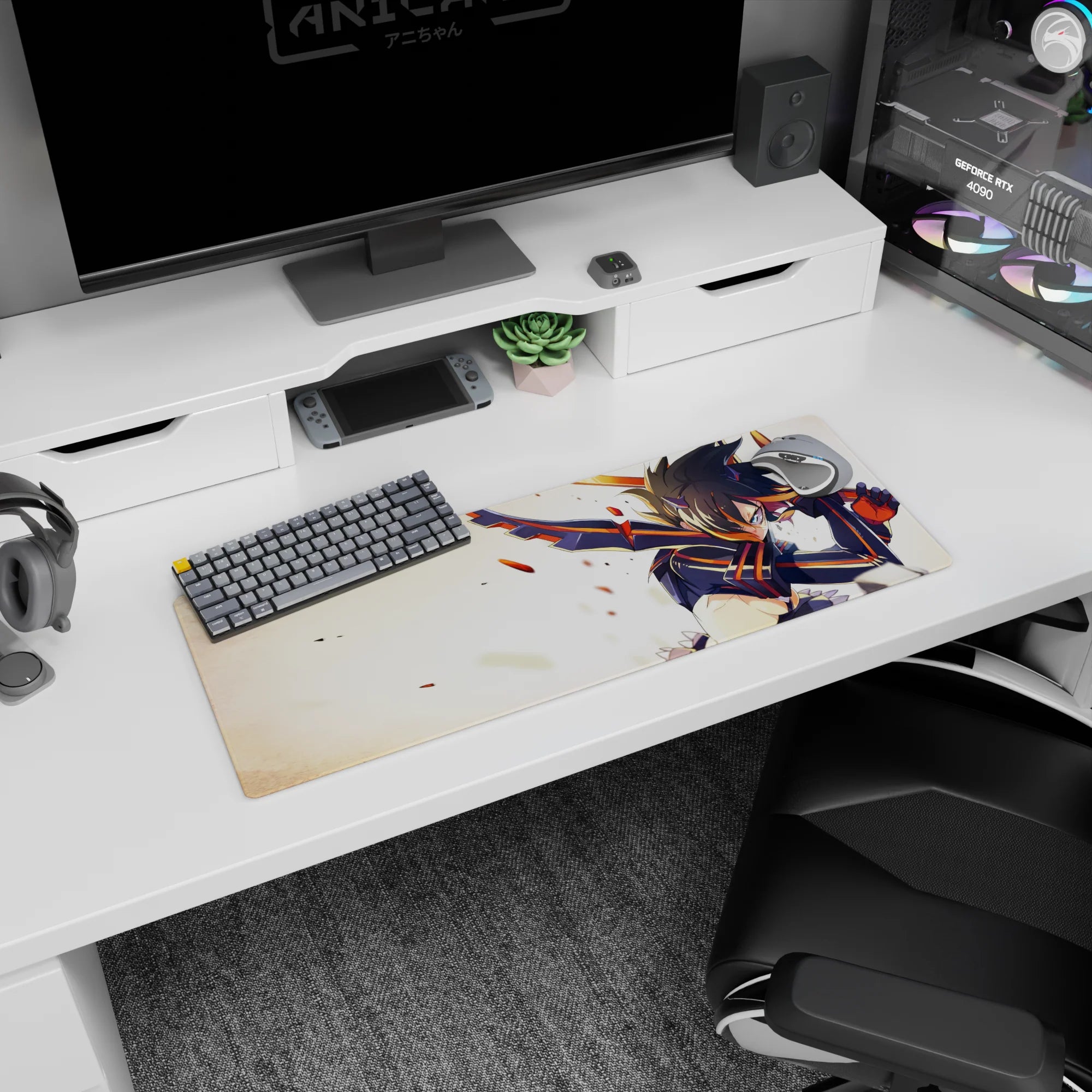 Anime girl mouse pad 32x12 inches showing fierce mid-swing heroine in battle armor amid drifting debris.
