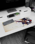 Anime girl mouse pad 32x12 inches showing fierce mid-swing heroine in battle armor amid drifting debris.