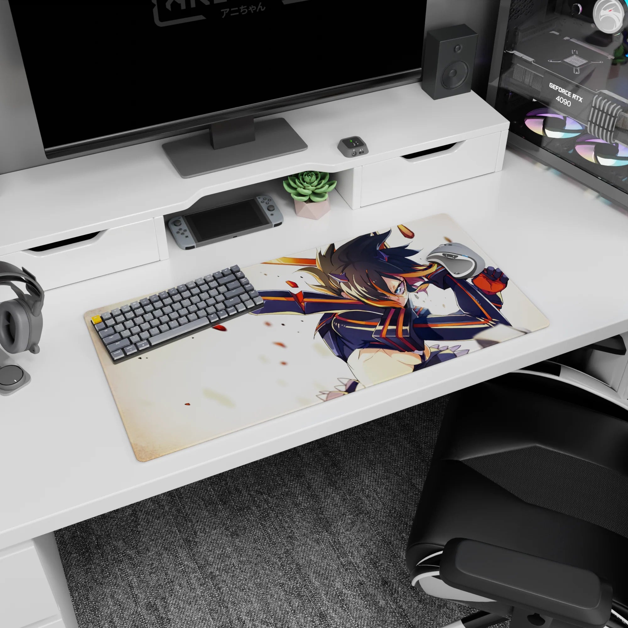 32x16 inches anime girl mouse pad showing spiky-haired fighter with sharp shoulder fins, striking through flying sparks.