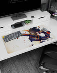 32x16 inches anime girl mouse pad showing spiky-haired fighter with sharp shoulder fins, striking through flying sparks.