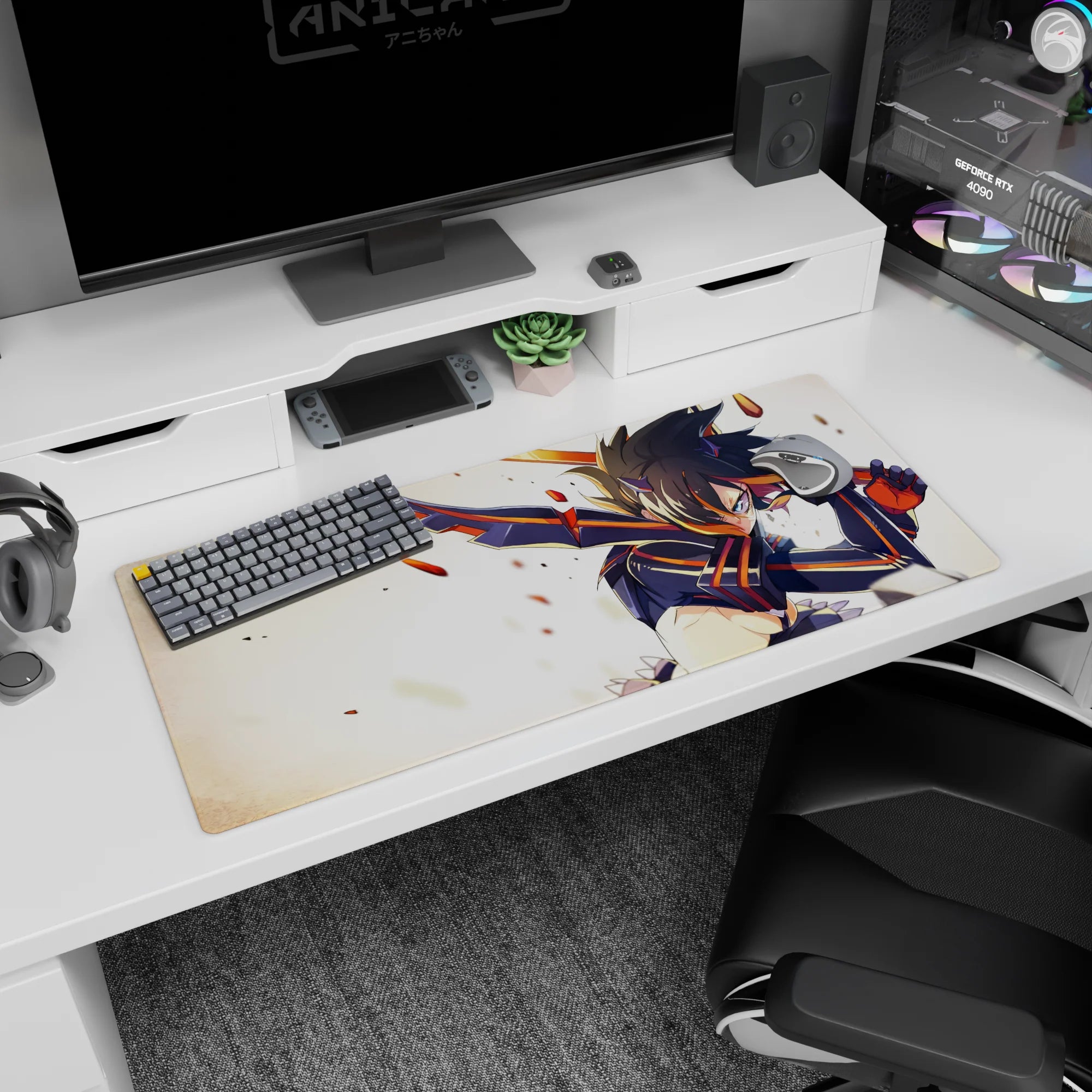 Fierce anime warrior mid-swing desk pad 36x16 inches, spiked hair, glowing eyes, debris flying.