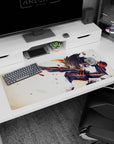 Fierce anime warrior mid-swing desk pad 36x16 inches, spiked hair, glowing eyes, debris flying.