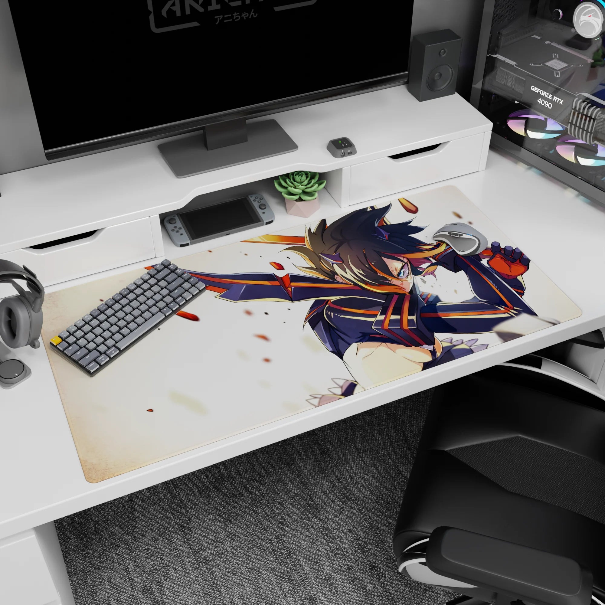 Anime girl desk pad 40x20 inches showing spiky-haired fighter with shoulder fins amid drifting debris.