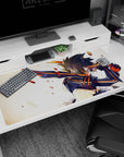 Anime girl desk pad 40x20 inches showing spiky-haired fighter with shoulder fins amid drifting debris.