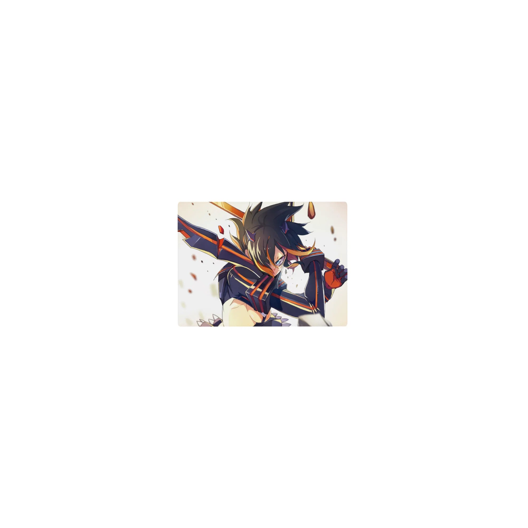 Classic anime girl mouse pad 14x10 inches with armored fighter pose, orange stripes, and spiked hair.