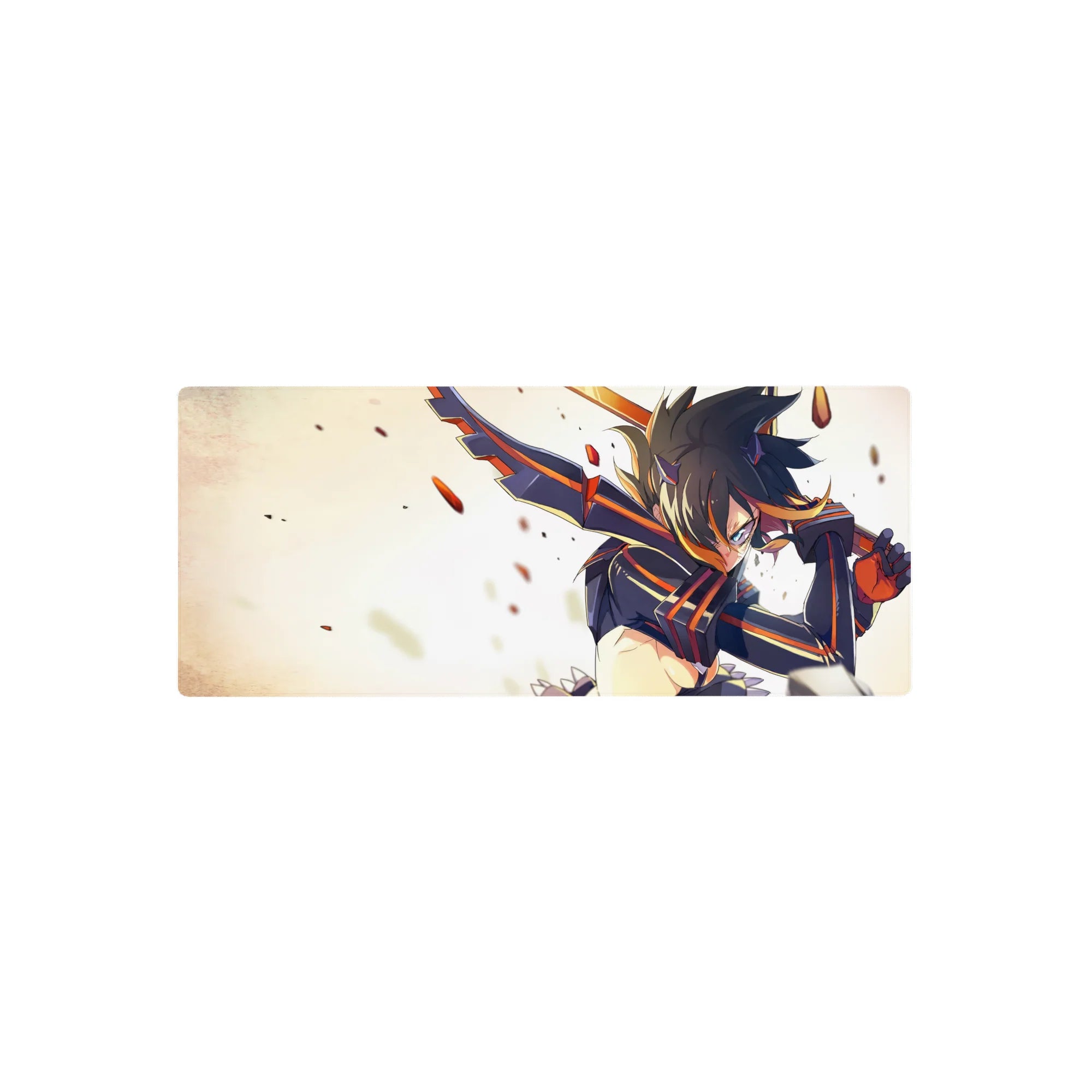 Anime girl mouse pad 28x12 inches with fierce mid-swing warrior in black armor and orange racing stripes.