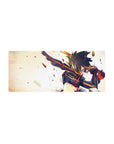 Anime girl mouse pad 28x12 inches with fierce mid-swing warrior in black armor and orange racing stripes.