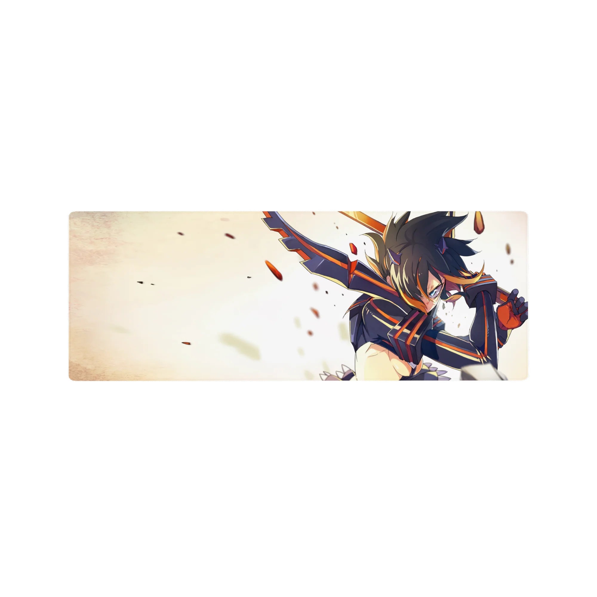 Anime girl mouse pad 32x12 inches with armored racer suit, orange stripes, spiked hair, action pose.