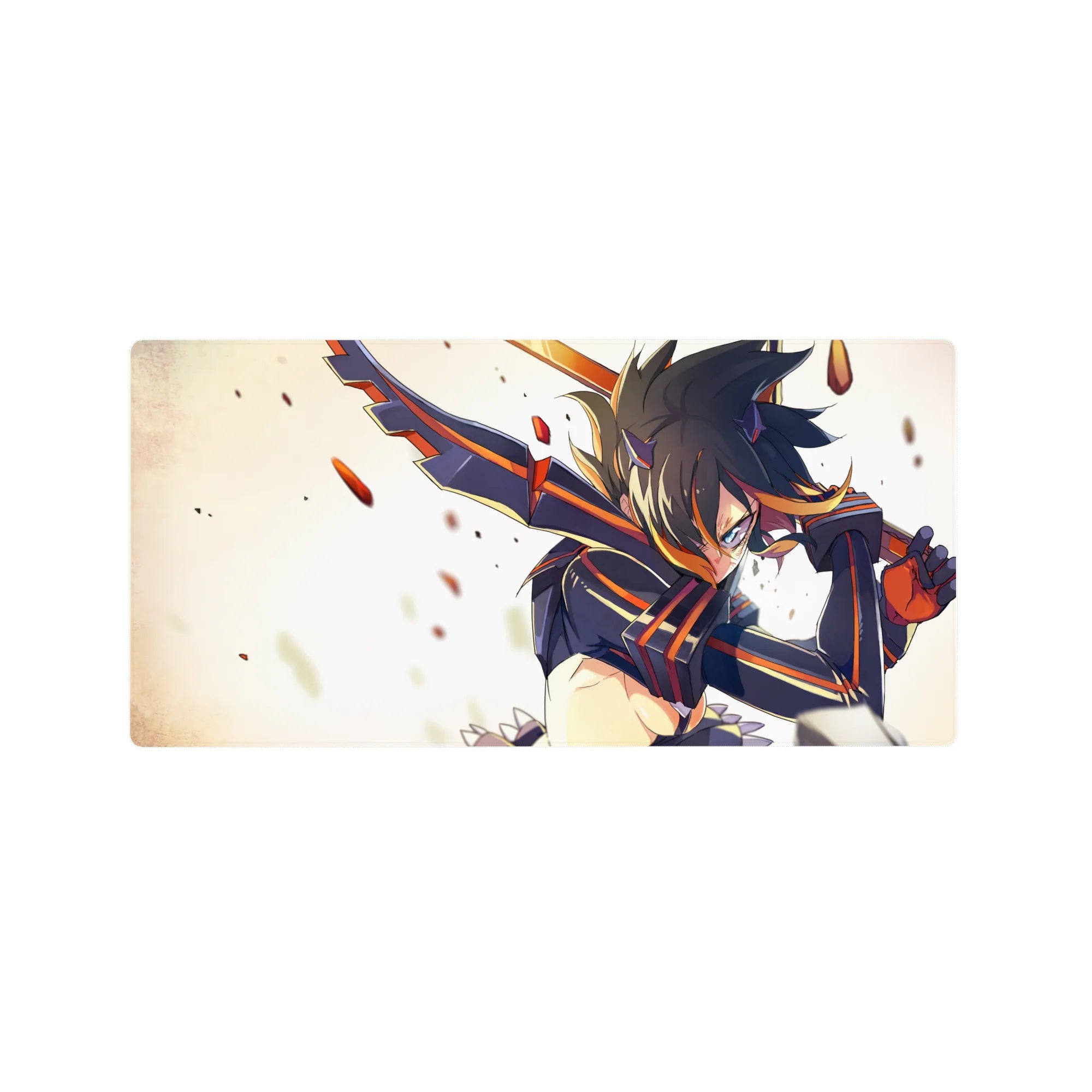 32x16 inches anime girl mouse pad with fierce mid-swing warrior in black armor and orange racing stripes.