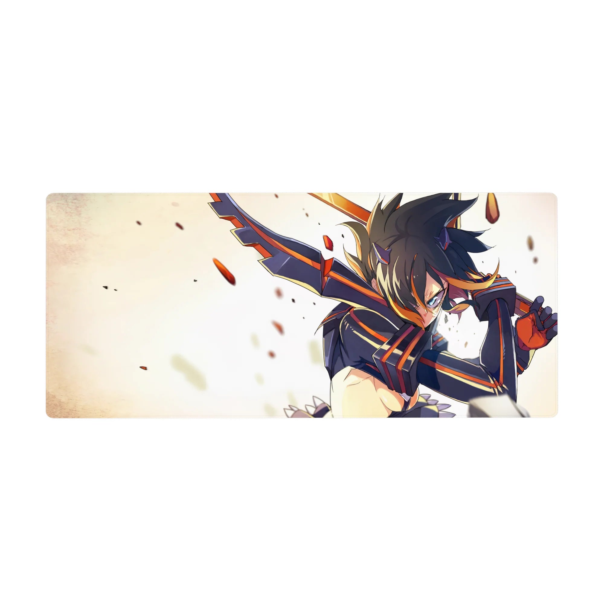 Anime girl desk pad 36x16 inches with armored fighter, orange racing stripes, sparks on pale backdrop.