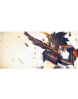 Anime girl desk pad 36x16 inches with armored fighter, orange racing stripes, sparks on pale backdrop.