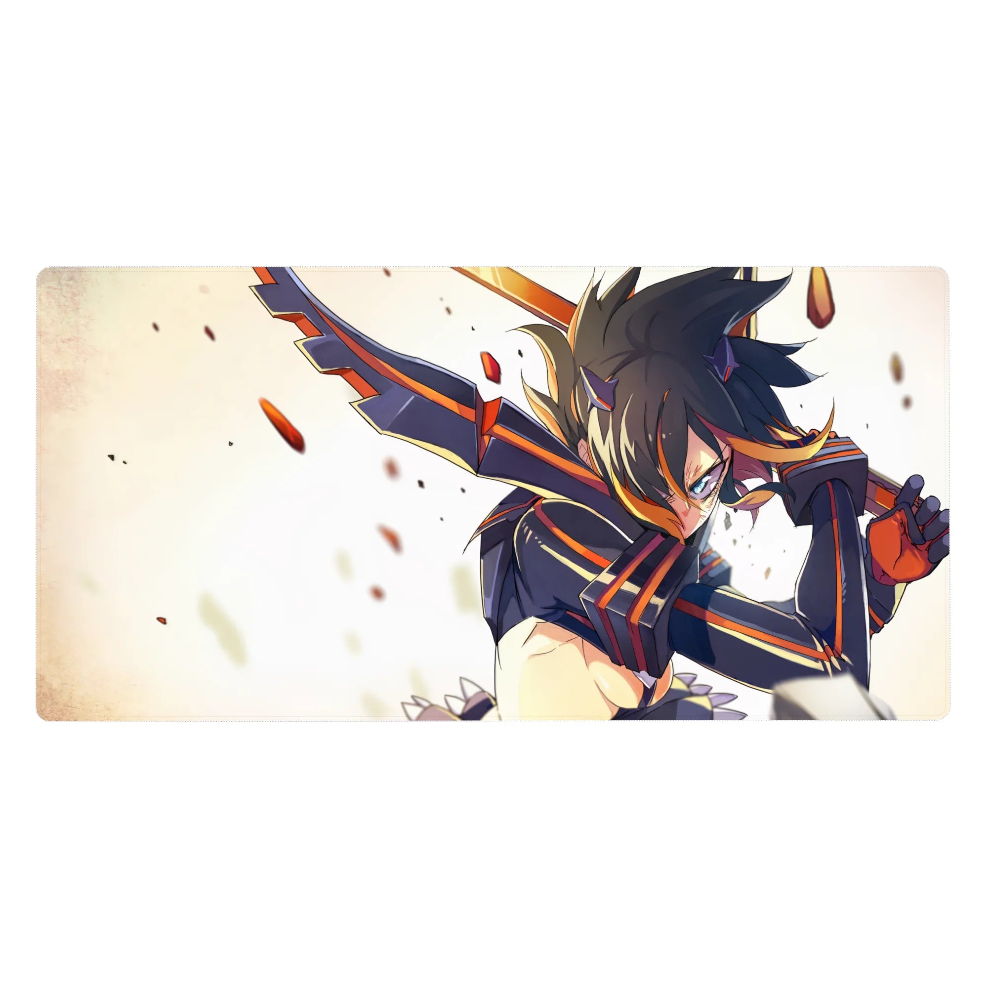 Anime girl desk pad 40x20 inches with fierce mid-swing warrior in black armor and orange racing stripes.