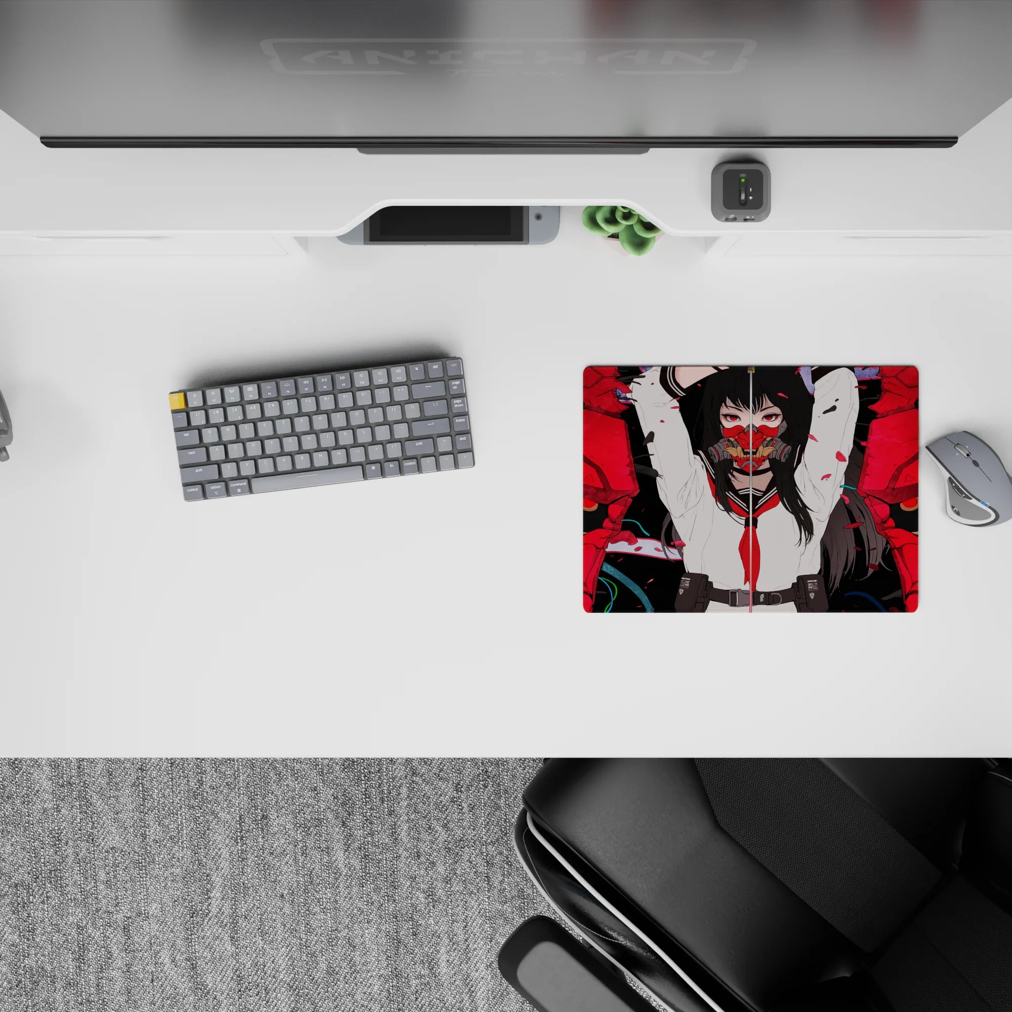 Anime girl mouse pad 14x10 inches in bold red, inky black, and white with a fierce, dangerous vibe.