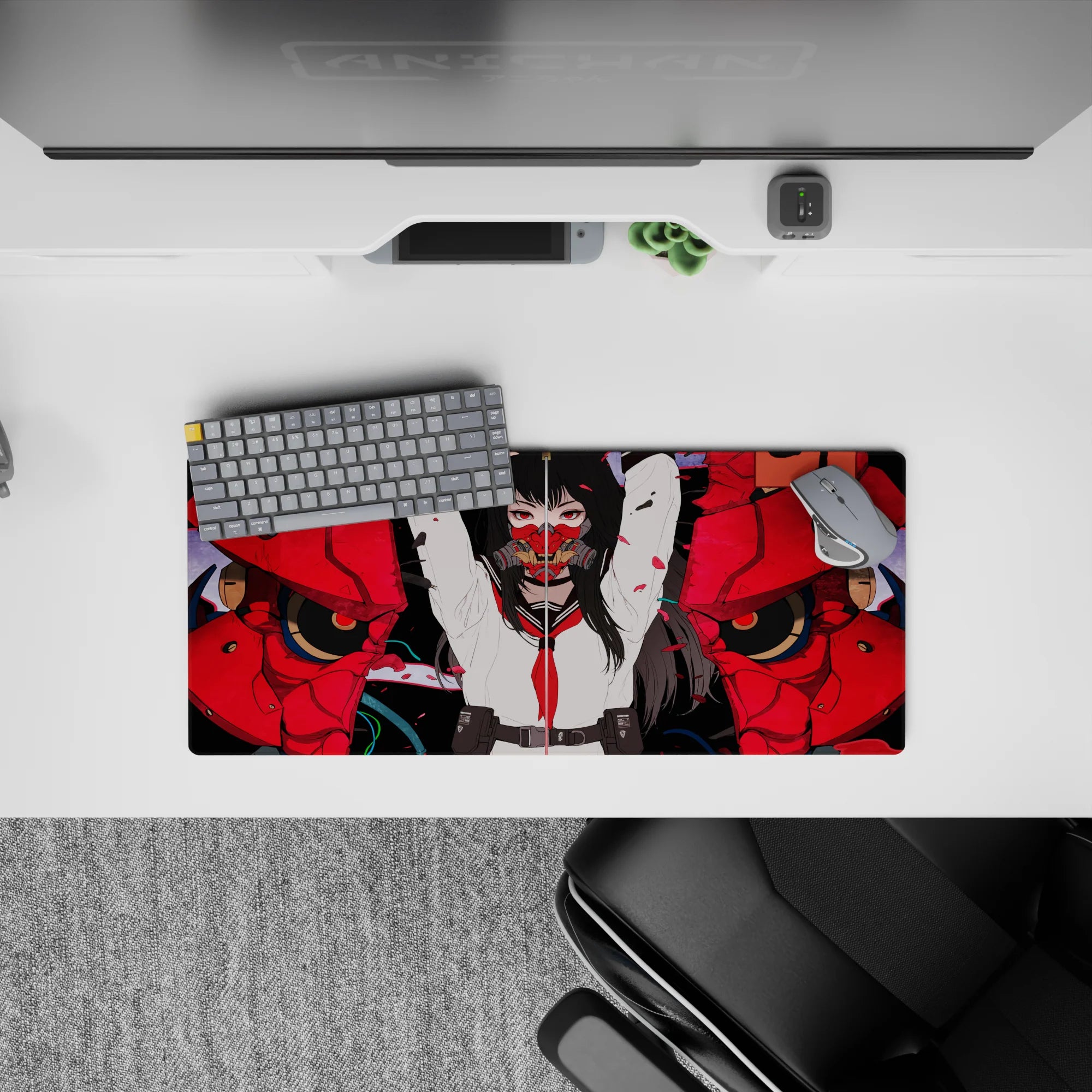 28x12 inches anime girl mouse pad in bold red, inky black, and white, fierce edgy vibe with debris flecks.
