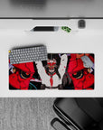 28x12 inches anime girl mouse pad in bold red, inky black, and white, fierce edgy vibe with debris flecks.