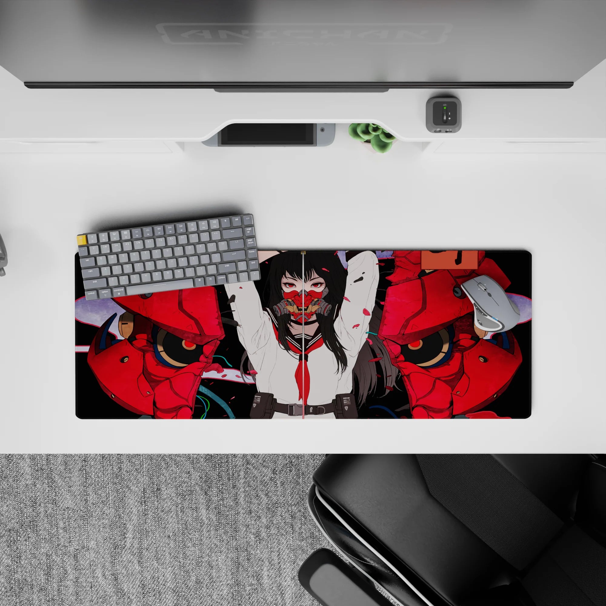 32x12 inches anime desk mat in bold reds and inky blacks, sharp red-eye vibe, smooth glide.