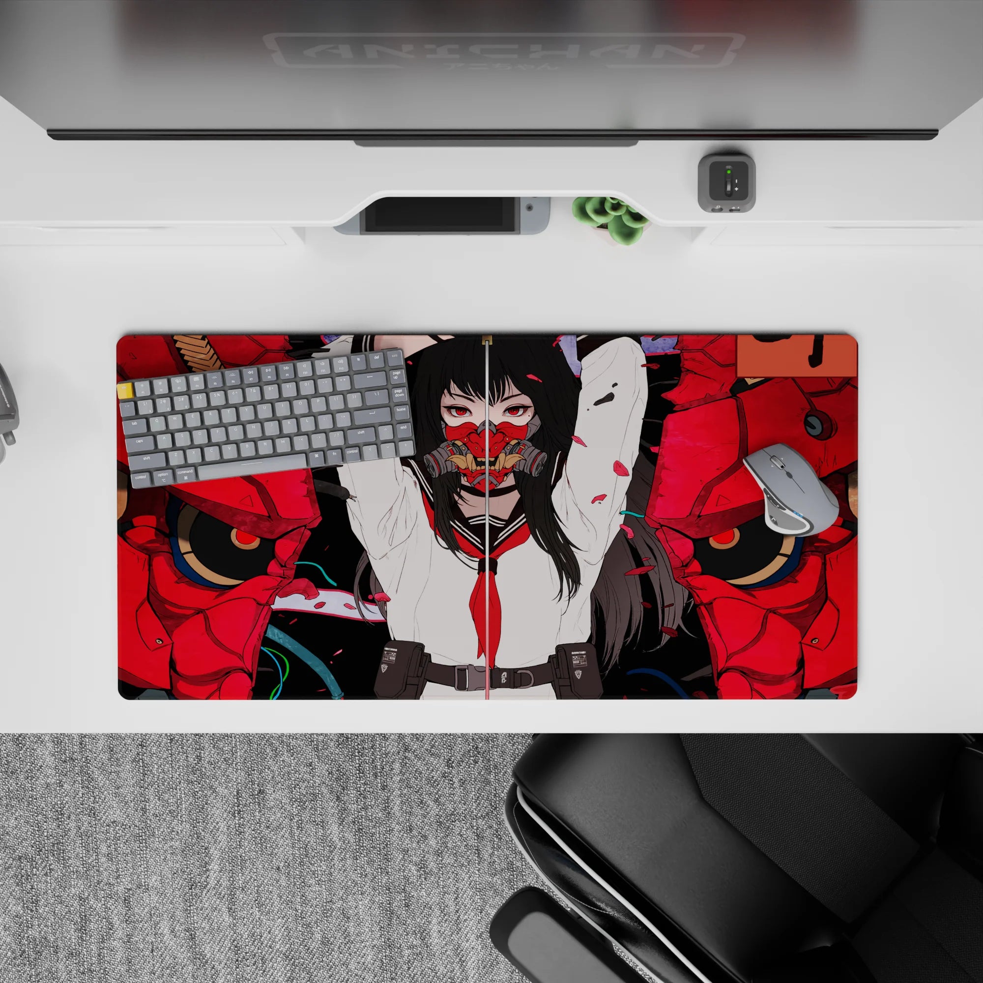32x16 inches anime girl mouse pad in bold reds, inky blacks, and clean whites with a dangerous vibe.