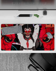 32x16 inches anime girl mouse pad in bold reds, inky blacks, and clean whites with a dangerous vibe.