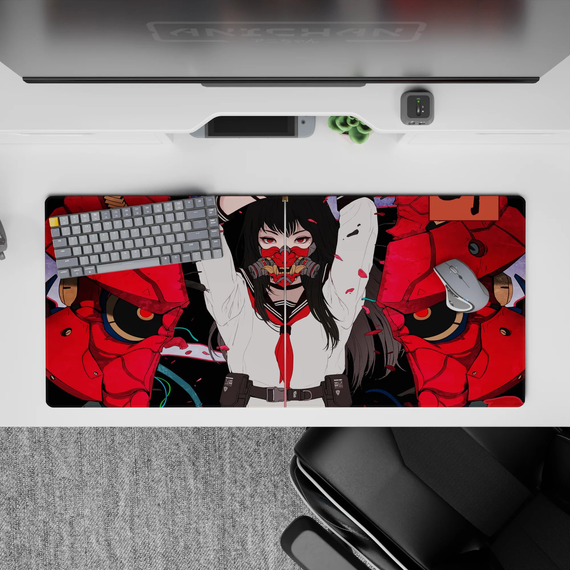 36x16 inches anime girl mouse pad in bold reds, inky blacks, and crisp whites with a fierce vibe.