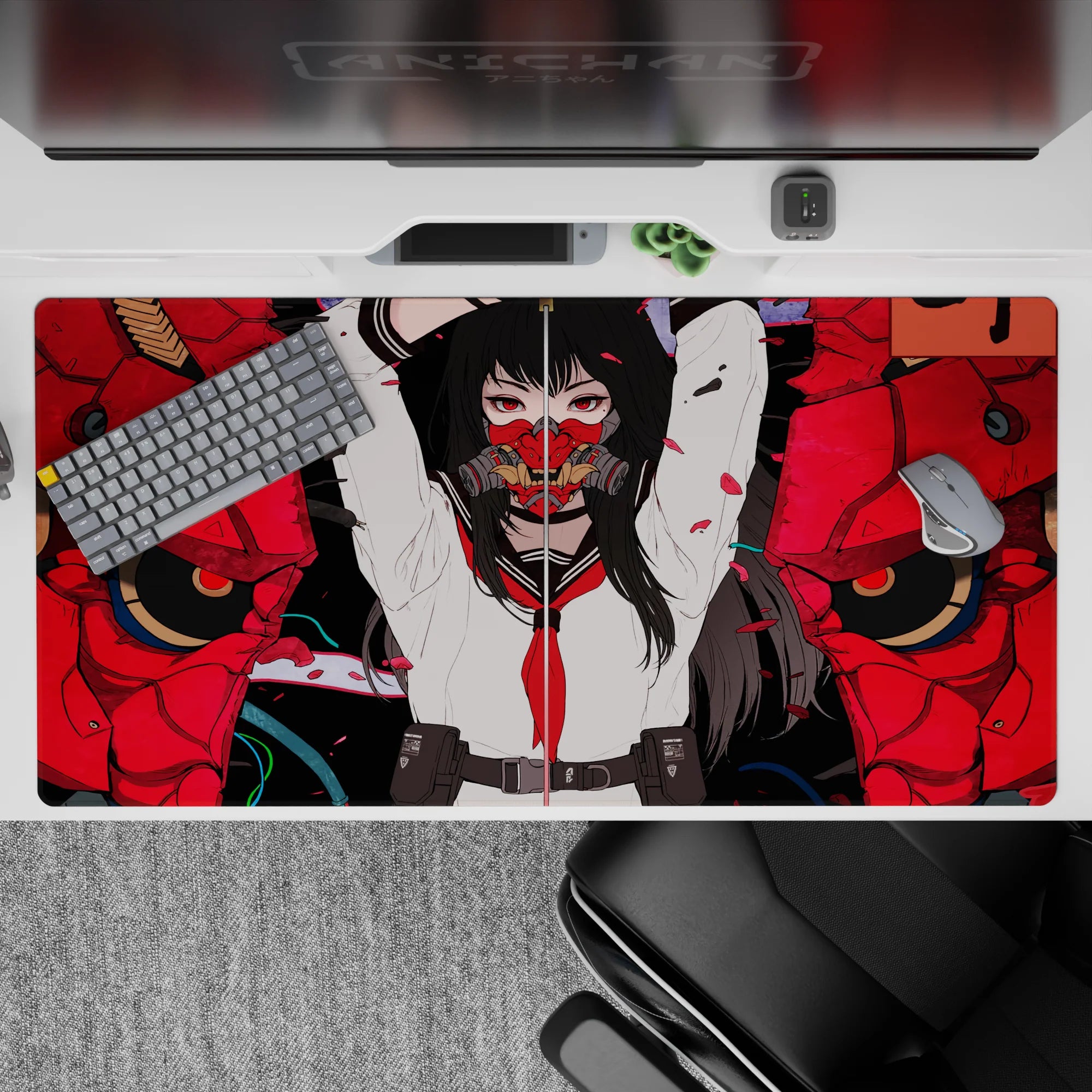 40x20 inches anime desk pad in bold reds and inky blacks, sharp red-eyed vibe with petals and debris.