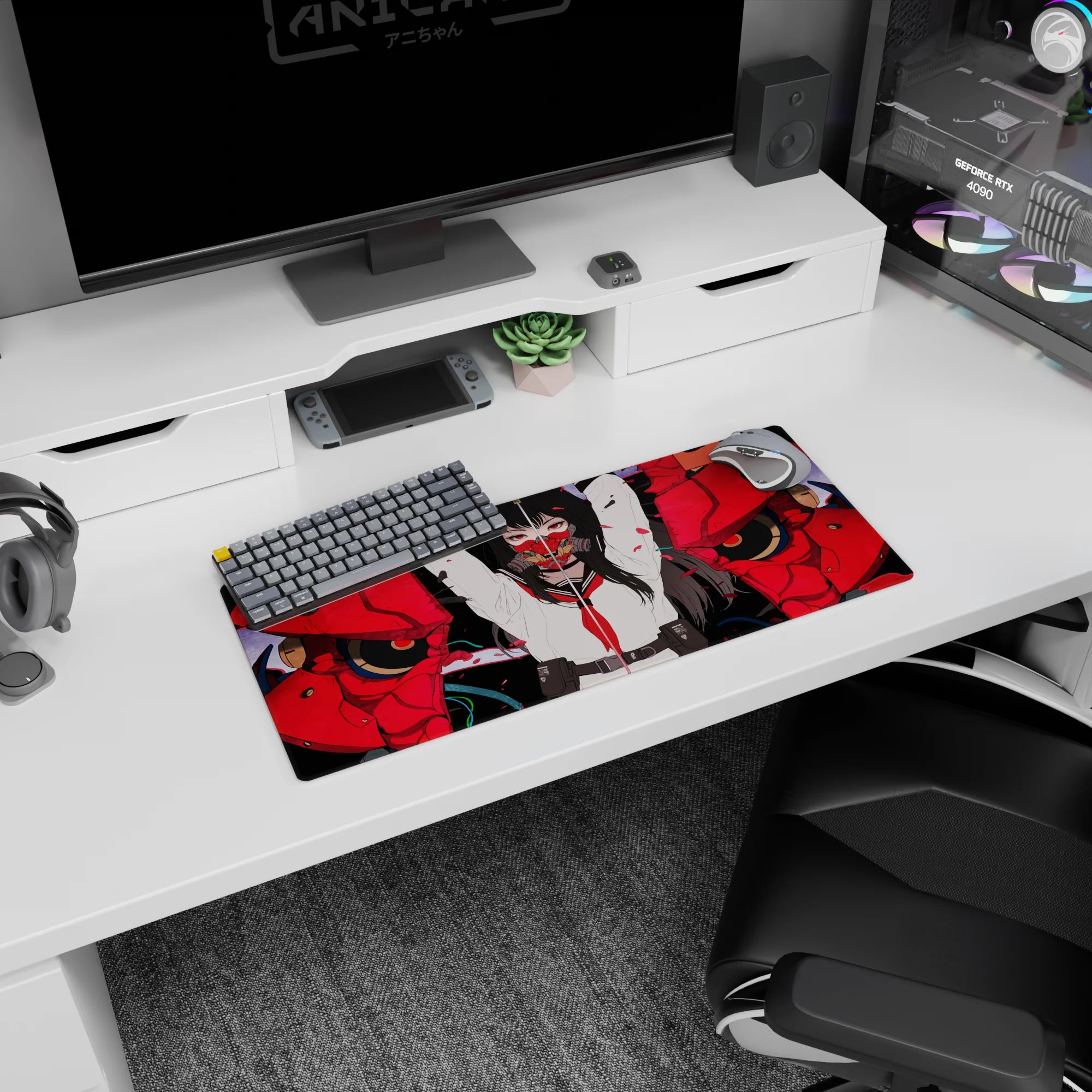 28x12 inches anime girl mouse pad featuring long black hair, red-eyed girl beside a broken red oni mask scene.