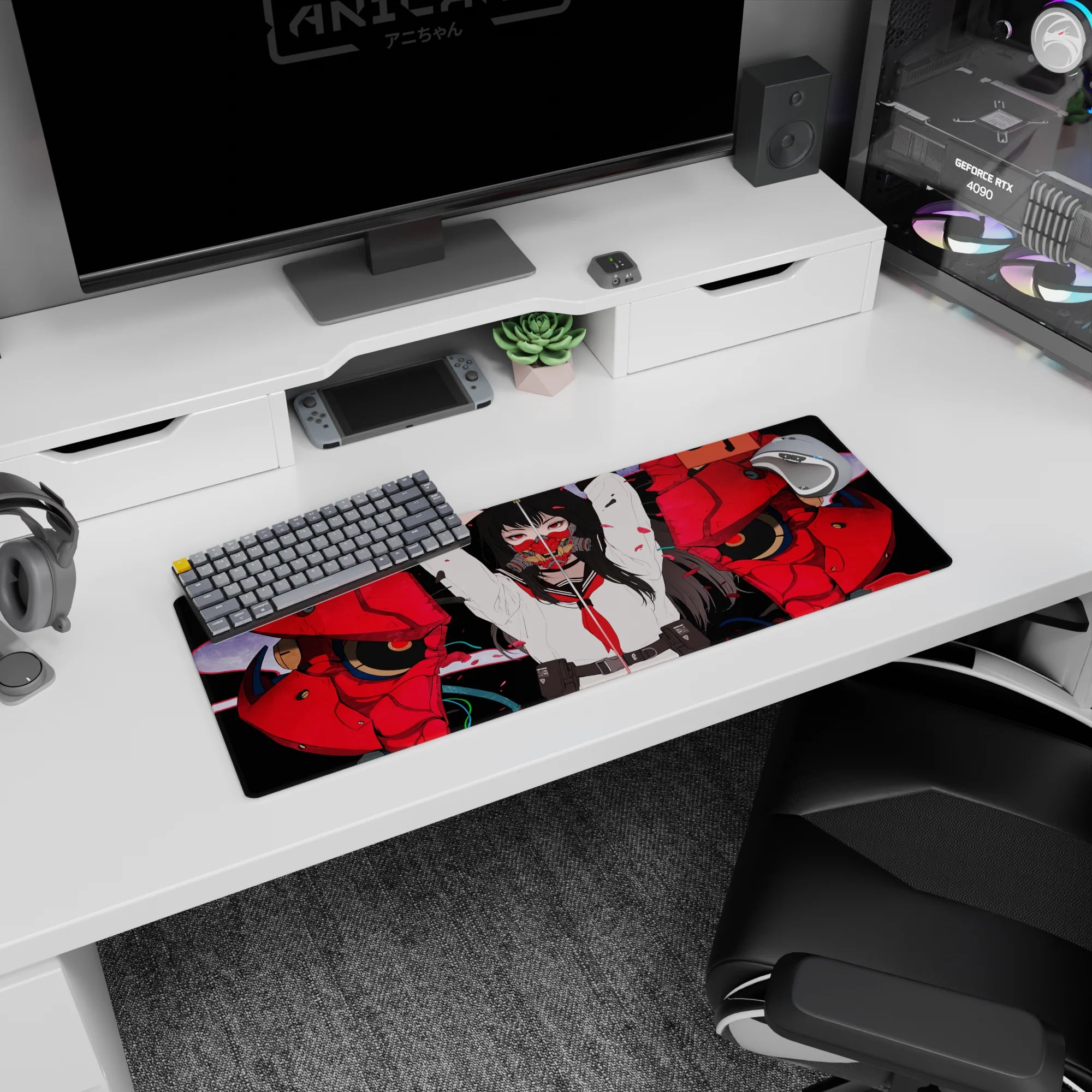 32x12 inches mouse pad showing long black-haired school-uniform girl with red eyes beside a broken oni mask.