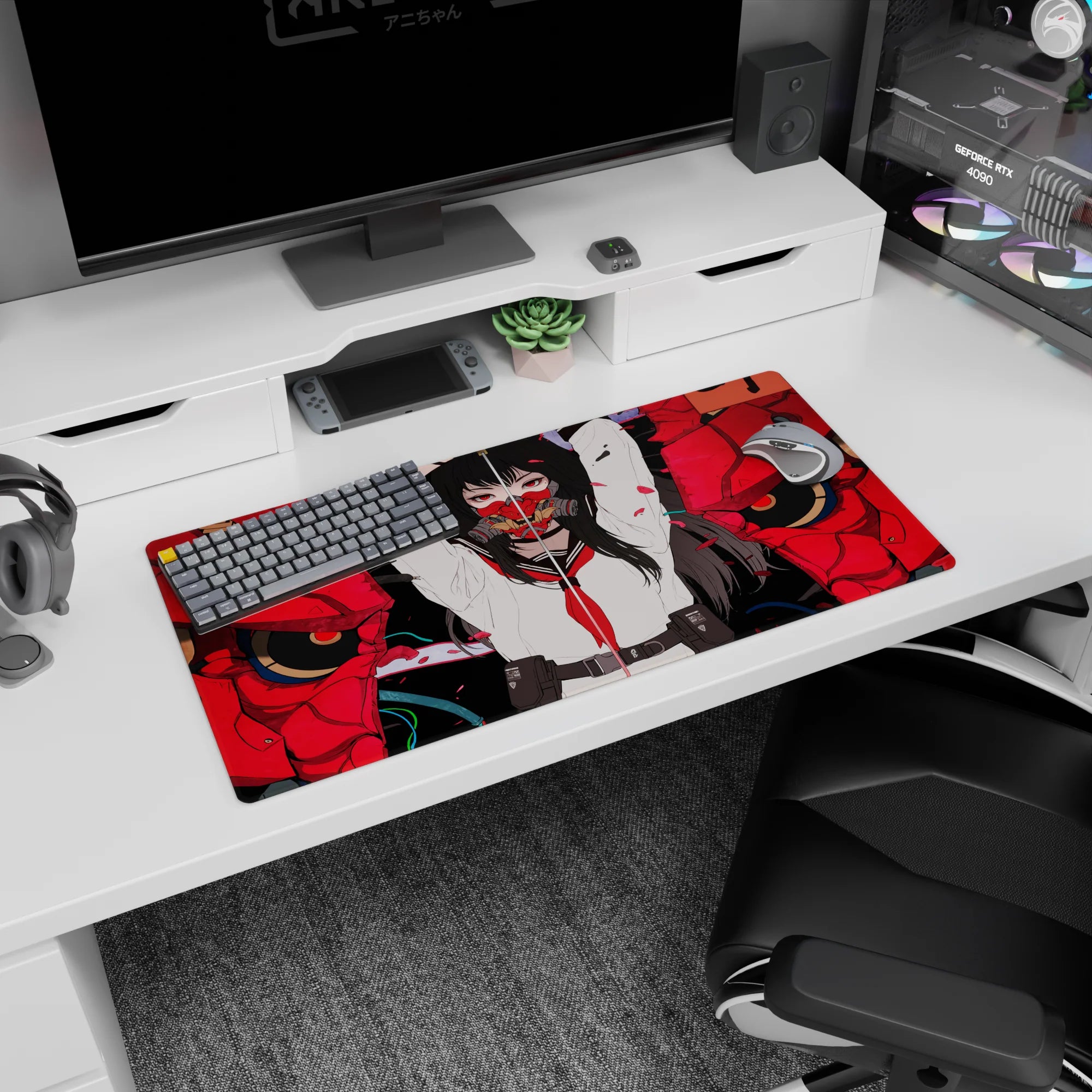Fierce red-eyed anime schoolgirl with long black hair and floating petals on a 32x16 inches mouse pad.